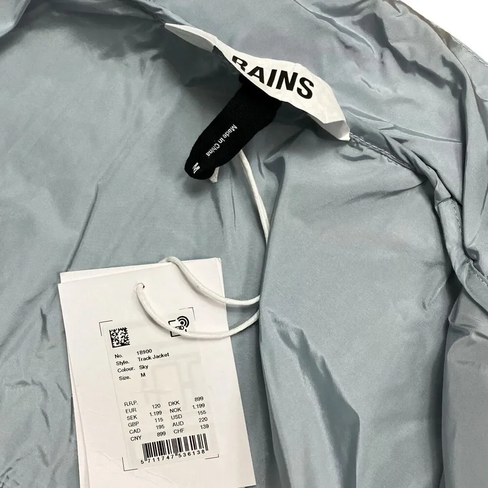 RAINS Track Jacket Mens M Blue Lightweight Sky‎ 18900 Interior Pockets Nylon Zip